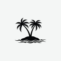Stylized palm tree silhouette on island with black waves. Flat, minimal, tropical vector perfect for beach, vacation, or summer designs. Bold, graphic, and symbolic in black and white.