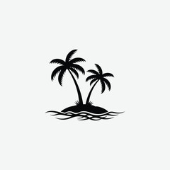 Obraz premium Stylized palm tree silhouette on island with black waves. Flat, minimal, tropical vector perfect for beach, vacation, or summer designs. Bold, graphic, and symbolic in black and white.