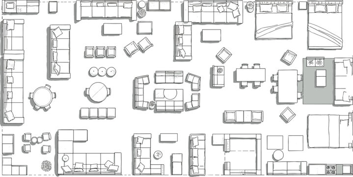 Top view furniture collection, modern interior layout elements, sofas, beds, tables, chairs, decor symbols for architecture floor plan, vector illustration design assets