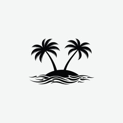 Stylized palm tree silhouette on island with black waves. Flat, minimal, tropical vector perfect for beach, vacation, or summer designs. Bold, graphic, and symbolic in black and white.
