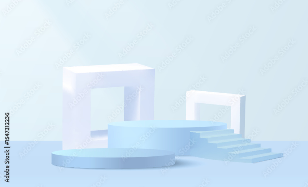 Poster minimal stair podium composition - 3d geometric display platforms with steps and cube archway in blu