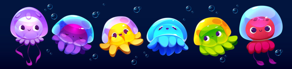 Rainbow cartoon jellyfish medusa set - adorable sea creatures with translucent dome heads and flowing tentacles. Colorful underwater characters with bubbles for marine games or kids ocean materials.