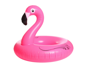Pink inflatable flamingo pool float isolated on white background.