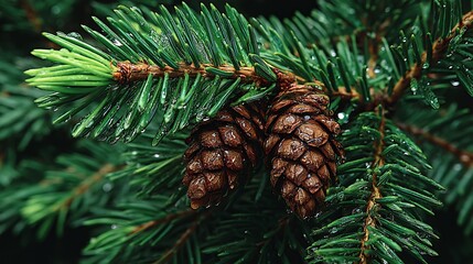 Fototapeta premium Close-up of pine tree branches with pinecones and green needles