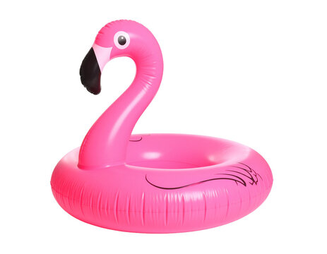 Pink inflatable flamingo pool float isolated on white background.