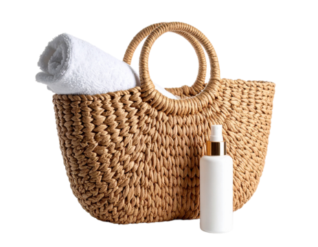 Woven straw beach bag with rolled towel and sunscreen bottle, isolated on white.