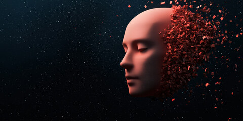  digital humanoid face dissolves into small red cubes against a dark background, symbolizing fragmentation or data disintegration.