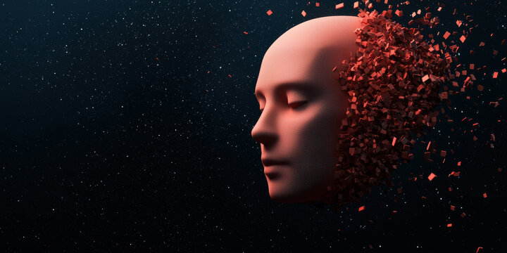  digital humanoid face dissolves into small red cubes against a dark background, symbolizing fragmentation or data disintegration.