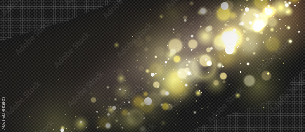 Poster golden bokeh light effect on transparent background - shimmering particles and blurred circles of ma