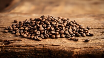 Freshly roasted coffee beans spread over the surface of a wooden board