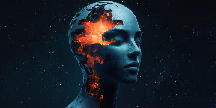 futuristic humanoid robot with a digital mesh surface, partially revealing glowing, molten-like internal components against a starry dark background.