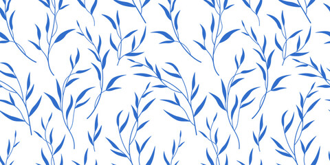Blue Floral Seamless Pattern. Floral Mediterranean monochrome print. Botanical design for wrapping, textile, fashion, surface design, fabric, cover, scrapbooking, wallpaper 