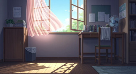 Warm, inviting bedroom interior with sunlight streaming through curtains and open window. Peaceful space for rest, relaxation, and comfort.