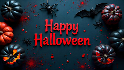 "Happy Halloween" written in bold red letters on a black background, surrounded by spooky elements like pumpkins, bats, spiders, and bones for a creepy festive vibe.
