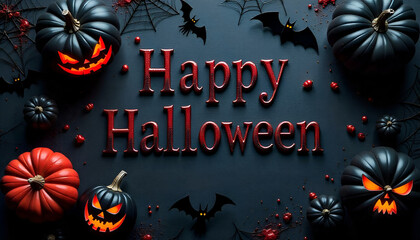 "Happy Halloween" written in bold red letters on a black background, surrounded by spooky elements like pumpkins, bats, spiders, and bones for a creepy festive vibe.
