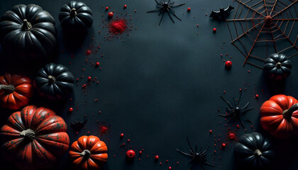 "Happy Halloween" written in bold red letters on a black background, surrounded by spooky elements like pumpkins, bats, spiders, and bones for a creepy festive vibe.
