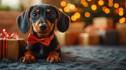 Cute dachshund puppy sits near beautifully wrapped birthday presents in a cozy setting with soft light