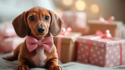A playful dachshund puppy is surrounded by colorful birthday gifts, its curious gaze capturing the joy of the celebration in a softly lit environment.