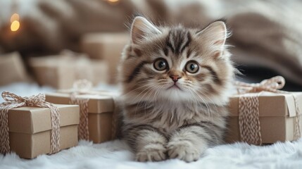 Fluffy kitten playing near birthday gifts with warm lights in the background creating a joyful atmosphere