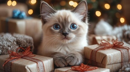 Cute fluffy Siamese kitten surrounded by birthday gifts and decorations in a warm light atmosphere