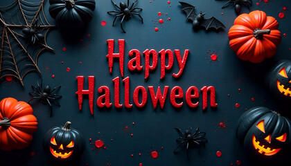 "Happy Halloween" written in bold red letters on a black background, surrounded by spooky elements like pumpkins, bats, spiders, and bones for a creepy festive vibe.

