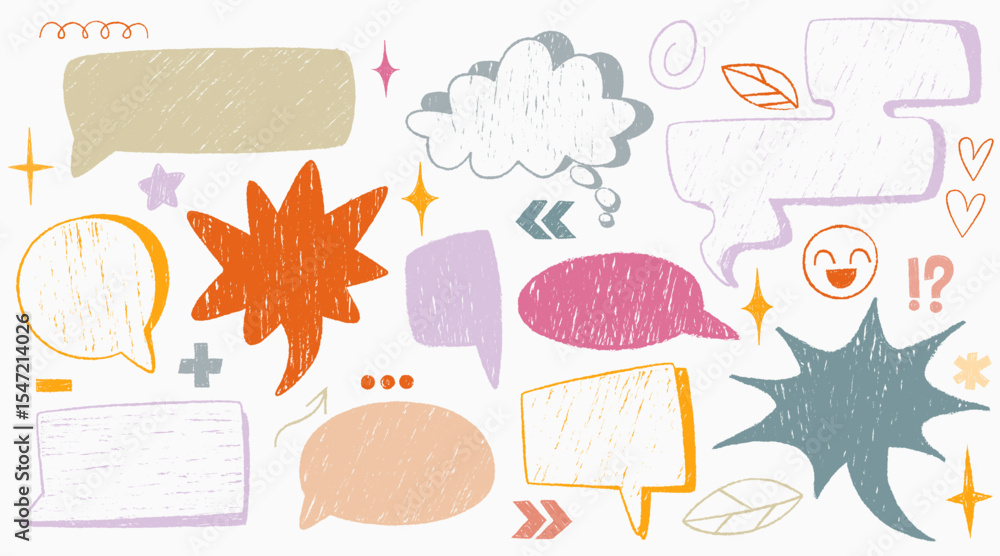 Poster crayon drawn speech bubble set - hand sketched communication elements with textured strokes. colorfu