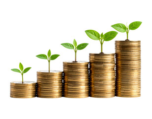Growing green plants on stacks of coins symbolizing real estate investment and financial growth isolated on white background