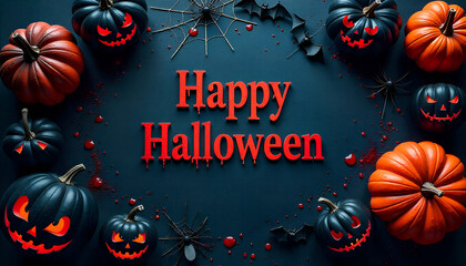 "Happy Halloween" written in bold red letters on a black background, surrounded by spooky elements like pumpkins, bats, spiders, and bones for a creepy festive vibe.

