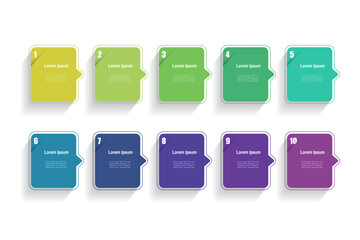 For business concept with 10 steps infographics,  multicolor rectangle shape,  design for workflow layout, diagram, annual report, web design. vector illustration