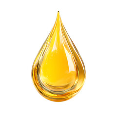 A single translucent drop of amber colored liquid glistening against a plain white background representing the essence of natural energy and industrial innovation