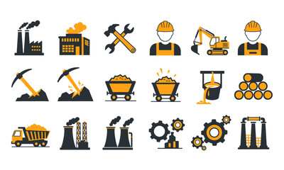 Comprehensive Industrial, Mining, and Engineering Icon Set. Ideal for illustrating industrial processes, manufacturing, construction, resource extraction, energy, engineering, business, infographics.