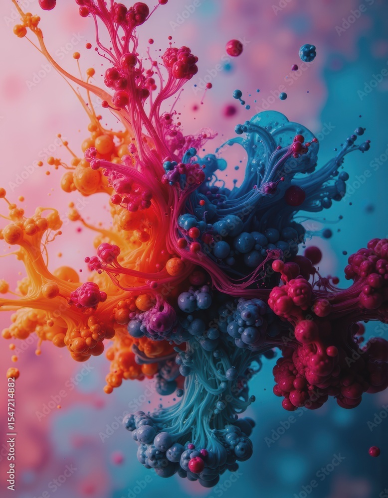 Poster abstract ink drops diffusing in water, creating vibrant colors and patterns