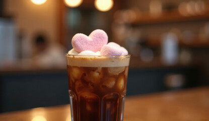 Iced coffee drink with heart-shaped marshmallows and whipped cream in a cafe.