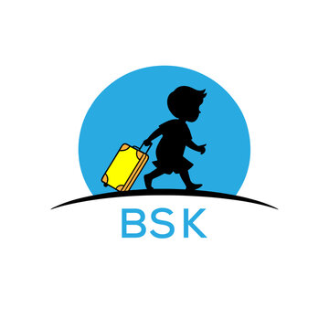 Cute Kid Travel Logo with Suitcase &ndash; BSK Child Travel Brand Icon Design.
