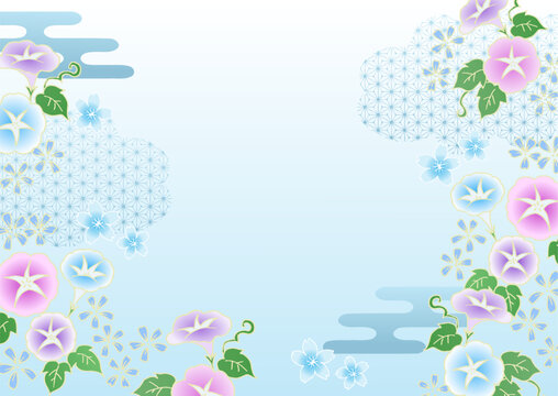 Japanese pattern morning glory background vector material Japanese summer light blue 和柄 朝顔の背景ベクター素材 日本の夏 水色