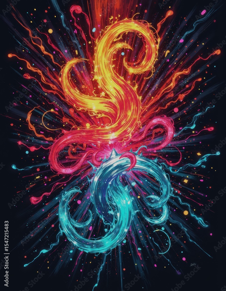 Poster vibrant neon spirals radiating on a dark background, creating a dynamic visual effect