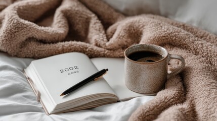Achieve Your 2025 Goals: Organize Your Life with an Open Planner, Pen, and Coffee on a Productive Desk