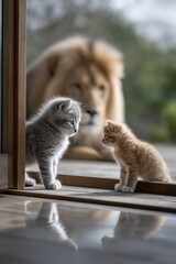 Kittens facing a lion