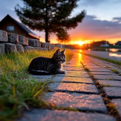 Kitten on a paved path at sunset