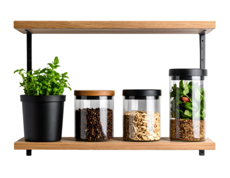 Organized kitchen shelf with glass jars of spices, fresh herbs, and eco-friendly compost bin isolated on white background