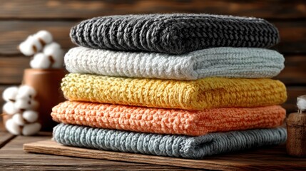 Knitted sweaters stacked on wooden surface