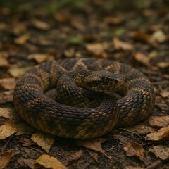 Obraz premium Close-Up of a Venomous Snake Coiled on Leaf-Covered Forest Floor with Natural Lighting and Shallow Depth of Field for World Snake Day