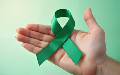 Emerald Green (Jade) ribbon awareness color for Liver Cancer and Hepatitis B - HVB month (bow isolated on background on hand). High quality