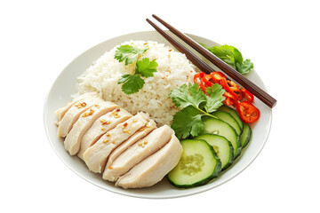 Hainanese chicken rice Khao Man Gai served with sliced cucumbers, chili, and garlic sauce in bowl isolated on white transparent background, concept of Asian cuisine meal