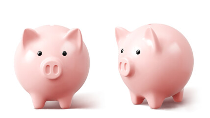 Pink 3d piggy banks from front and side angles - ceramic money savings containers with snout, ears, black eyes. Realistic financial concept for banking, investment or personal budget management.