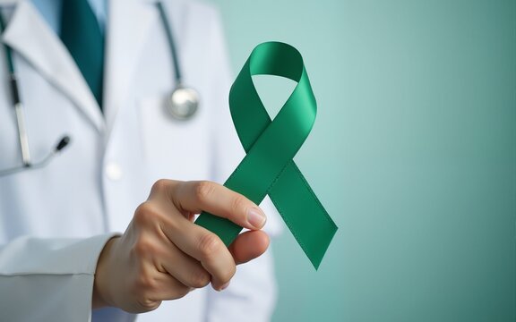 Jade green or Emerald color ribbon awareness in doctor's hand for Liver Cancer and Hepatitis B disease, healthcare medical concept. High quality