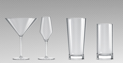 Empty glass collection with martini, wine goblet and tall tumblers on transparent background. Clear crystal drinkware set for cocktails, beverages or bar service. Realistic glassware shapes for cafe.