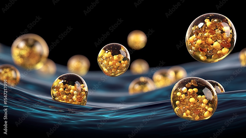 Poster golden bubbles float above a dark, wavy surface creating a luxurious and dynamic visual effect
