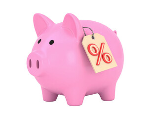 Obraz premium Cute piggy bank with discount tag symbolizing savings and special offer isolated on white background
