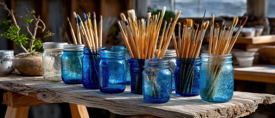 Paintbrushes in blue mason jars